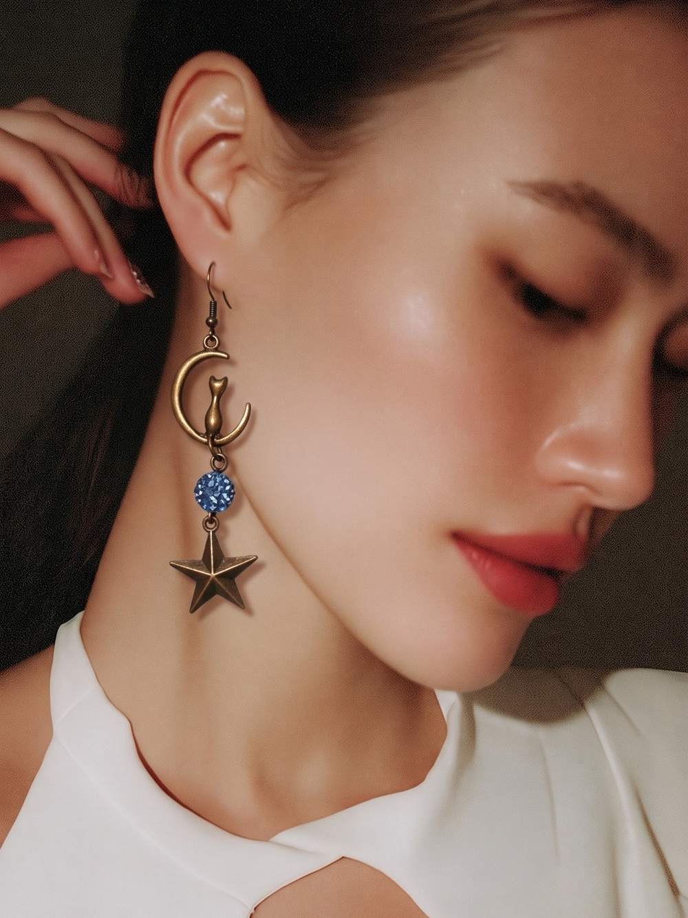 NWT Midnight Blues Cat Crescent & Star Drop Earrings with Blue Gem